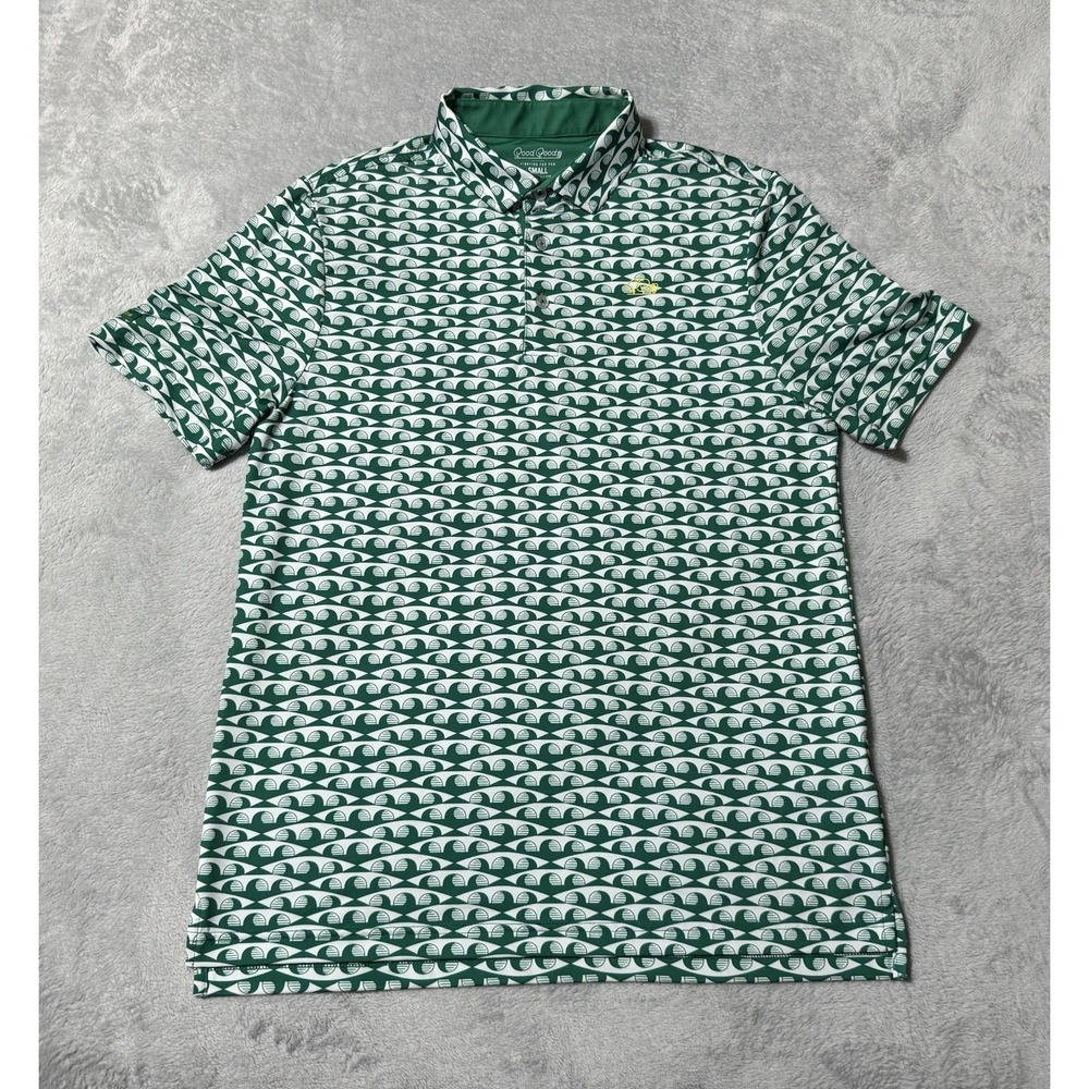 Good Good Golf Polo Shirt Mens Small Green White Geometric Wave Print Stretch